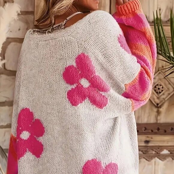 Multicolor Casual Women's Elegant Floral Print Knit Oversized V-Neck Cardigan - Picture 4 of 4